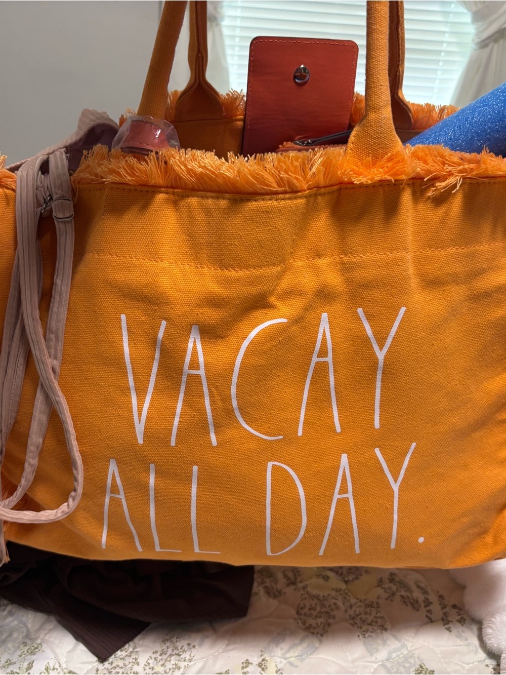 Rae Dunn Orange "VACAY ALL DAY" Fringe Tote - Picture 2 of 5